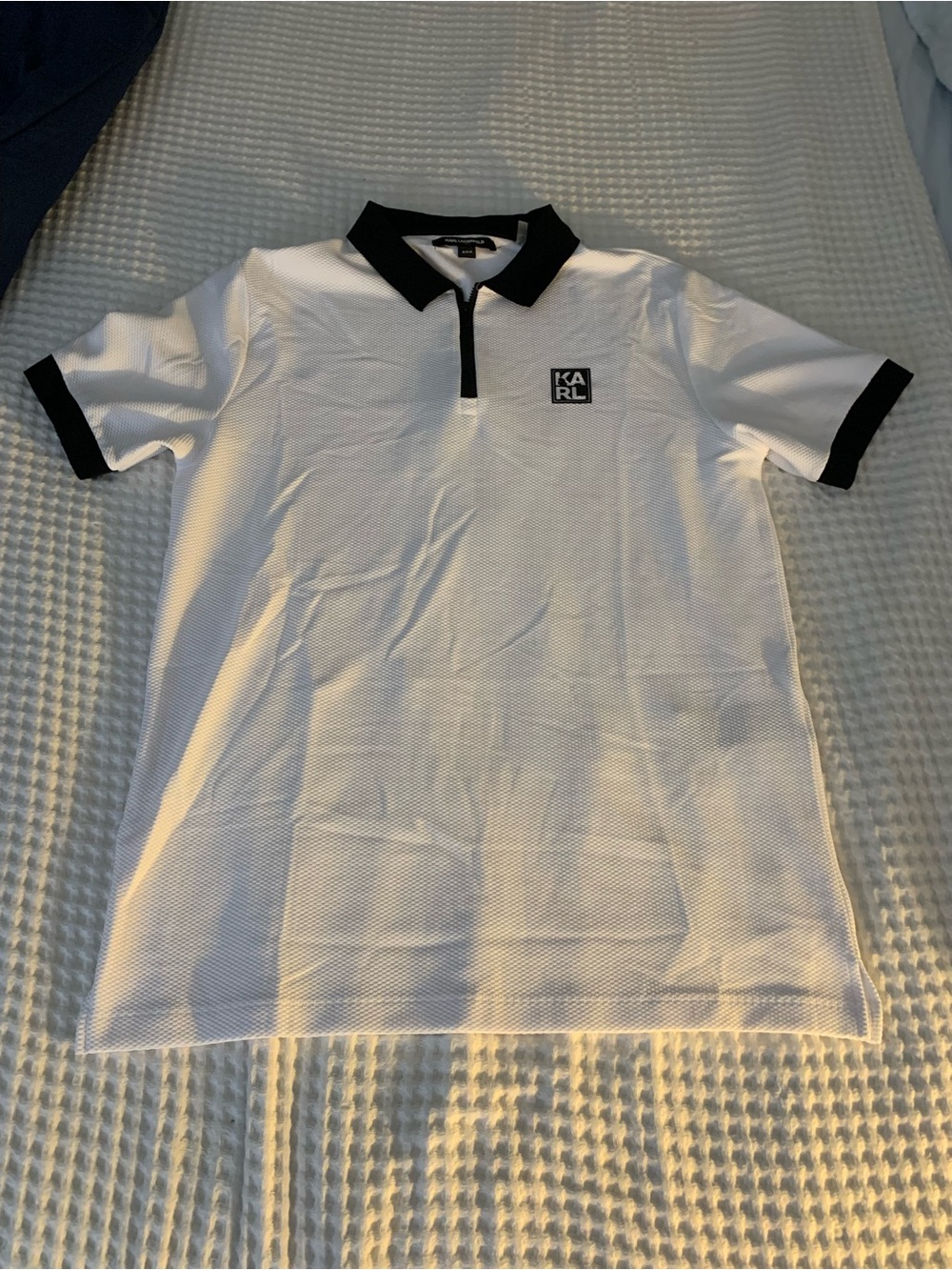 Karl Lagerfeld White Polo with Black Collar and Cuffs Size Medium EUC